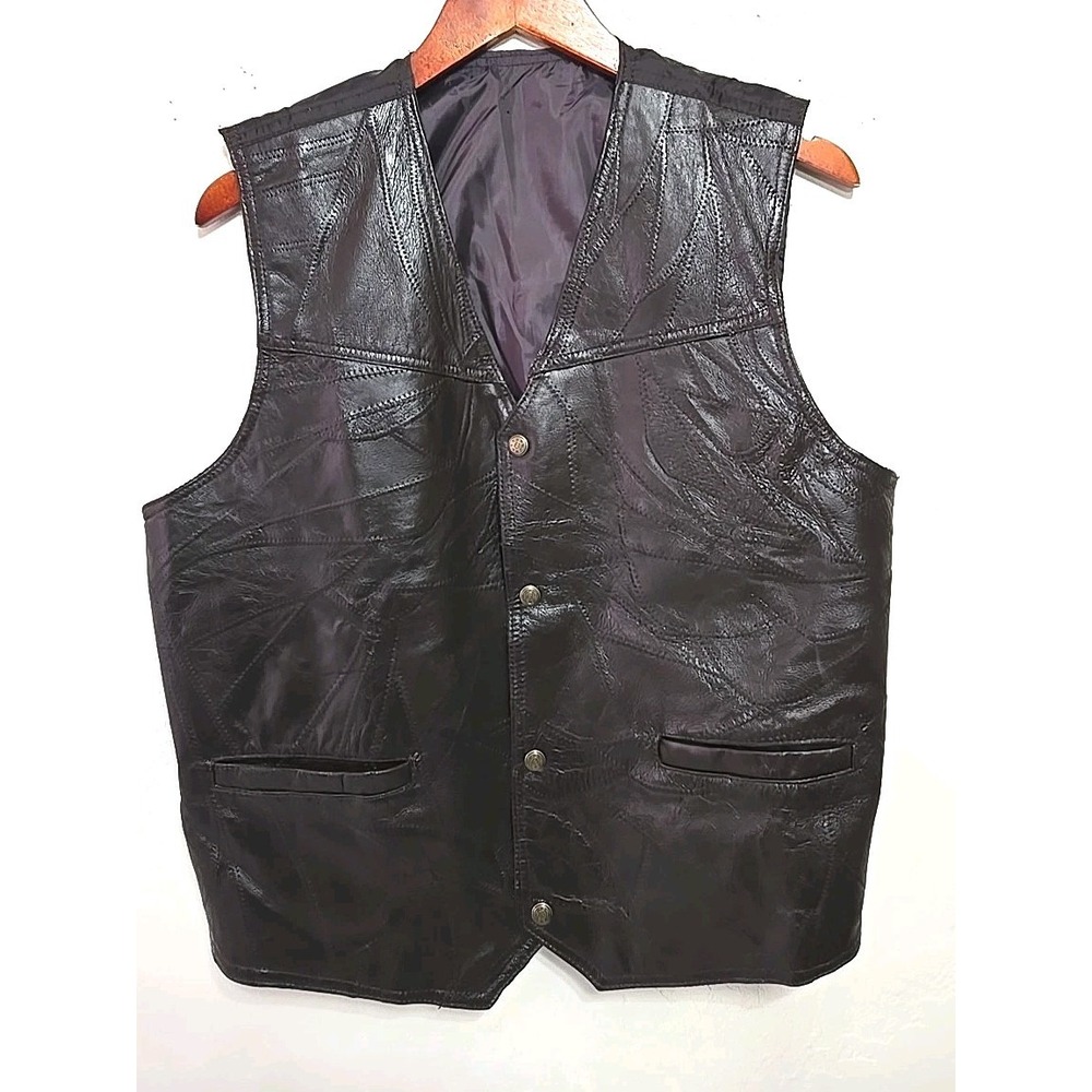 VTG UB Buffalo Leather Vest Mens L Brown Western Biker Snap Front Motorcycle